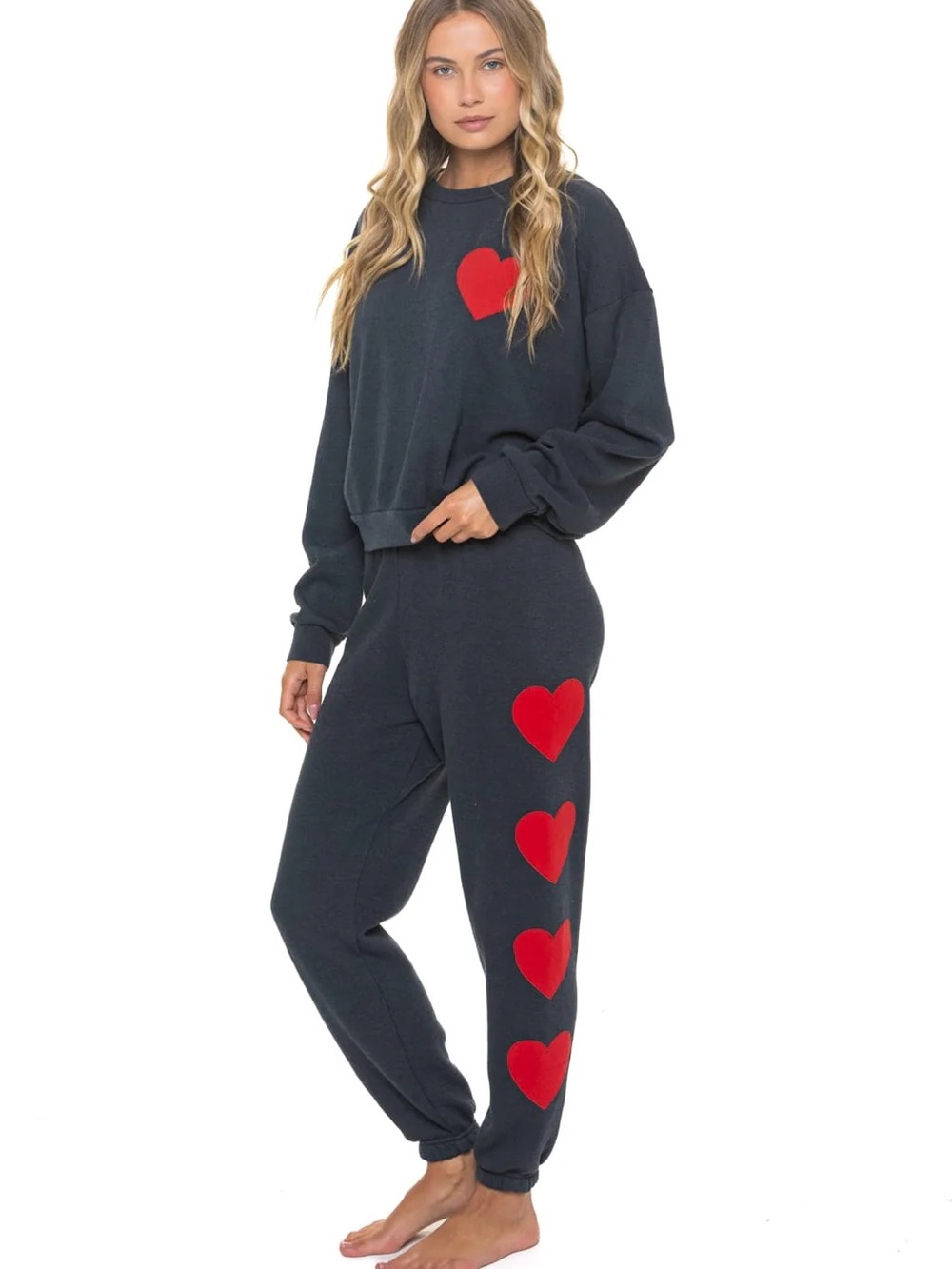 Aviator Nation HEART STITCH RELAXED CREW SWEATSHIRT AND SWEATPANTS - CHARCOAL